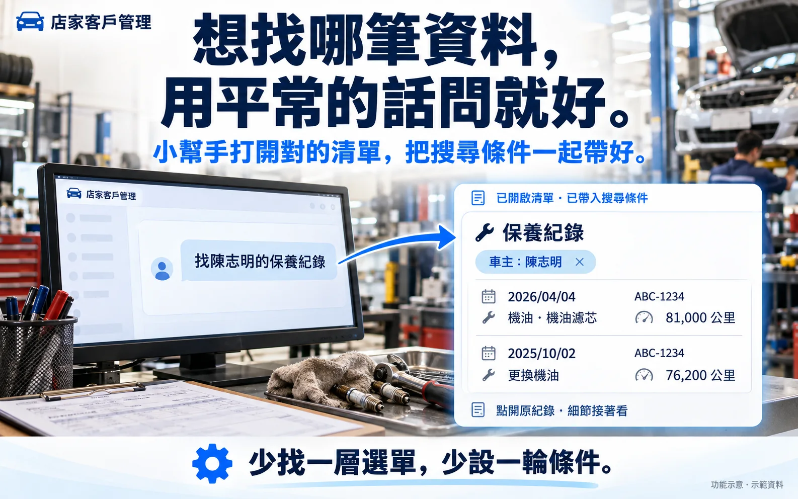 功能示意圖:想找哪筆資料,用平常的話問就好。在小幫手輸入「找陳志明的保養紀錄」,直接打開保養紀錄清單並帶好車主條件。示範資料。
