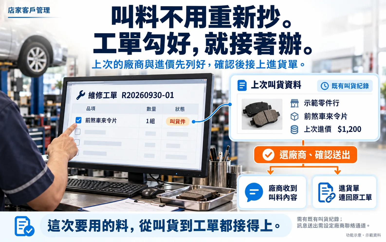 功能示意圖:工單叫料,選廠商確認送出,進貨單連回原工單(示範資料)