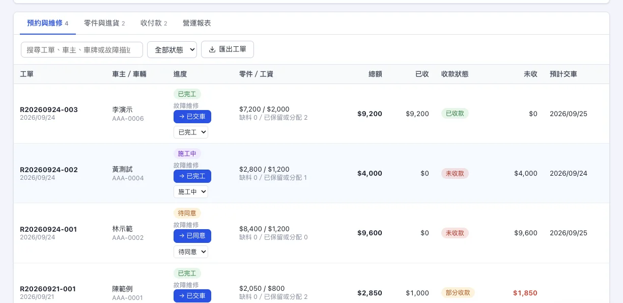 示範資料的維修工單清單畫面