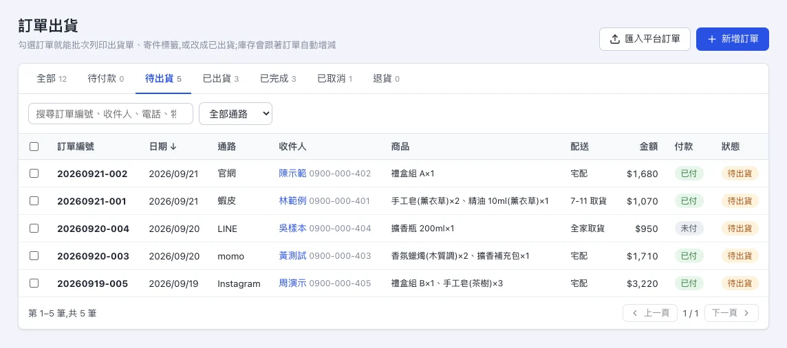 示範資料的訂單出貨清單畫面